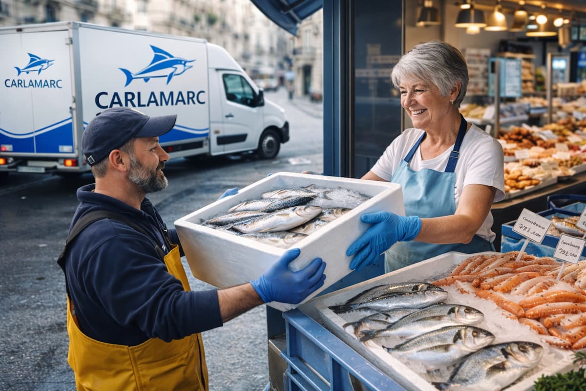 Entrega profesional de pescado fresco en establecimiento cliente por parte de CARLAMARC